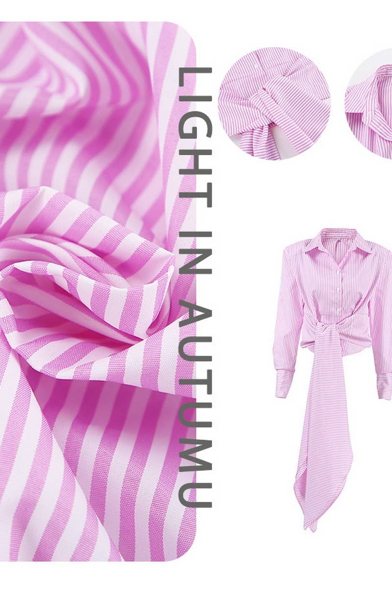 CWTBLL00576_TIE-WAIST STRIPED LONG-SLEEVED SHIRT TOP