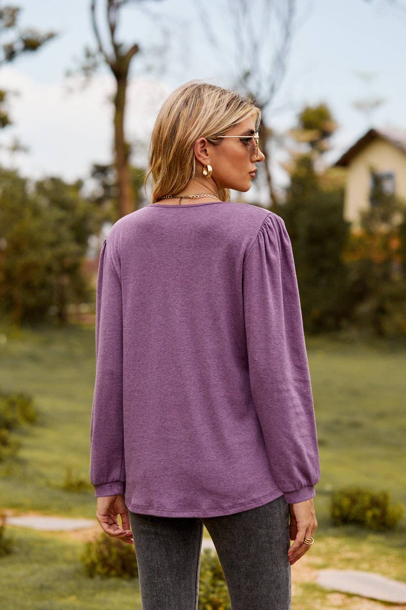 CWTBLL3682_SOLID COLOR V-NECK BUTTON RUFFLED LONG-SLEEVED TO