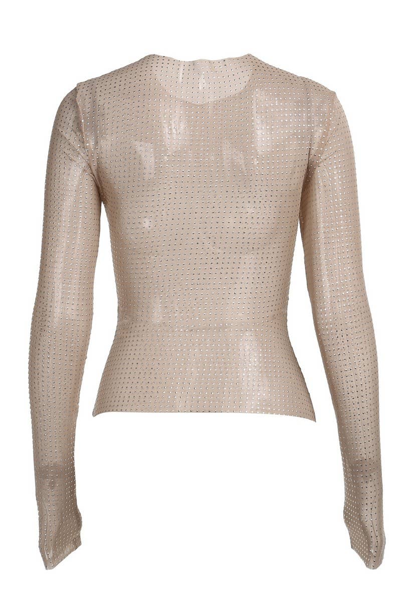 CWTBLL3289_ROUND NECK RHINESTONE GLITTER LONG SLEEVE TOP