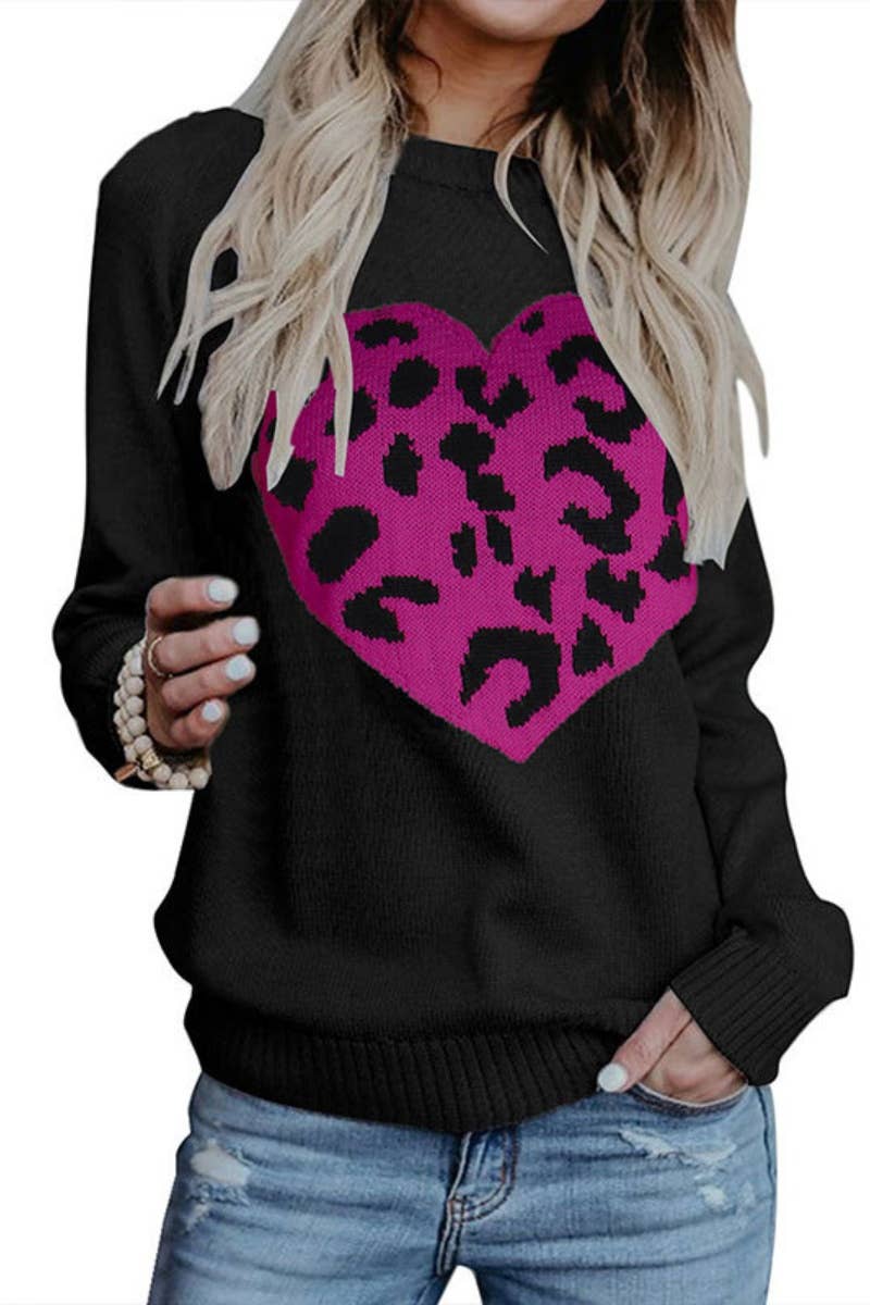CWOSWL5177_WINTER LEOPARD PRINT LOVE LONG-SLEEVED SWEATER