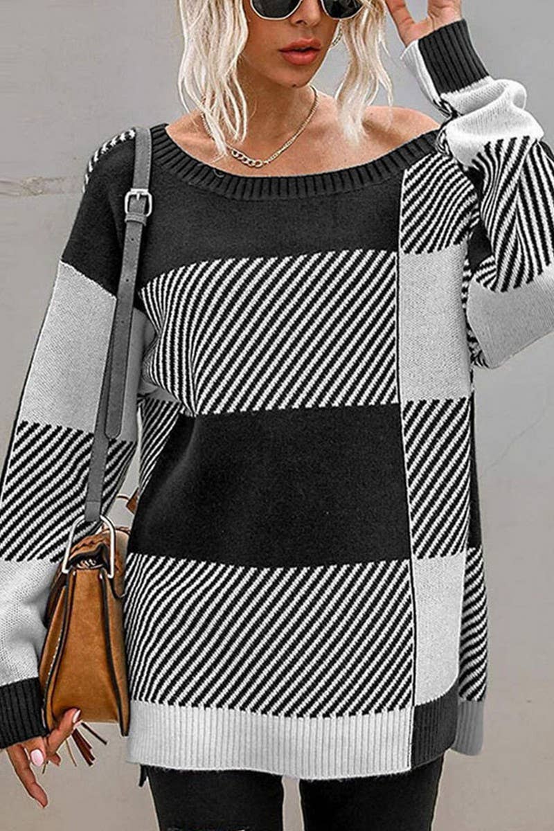 Cotton fine yarn matching plaid round neck loose knit