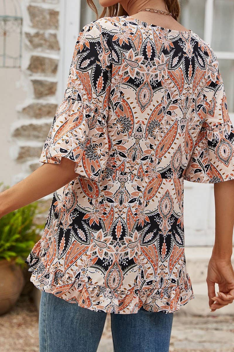 CWTBLS1804_V-NECK PRINTED CASUAL TRUMPET SLEEVE TOP