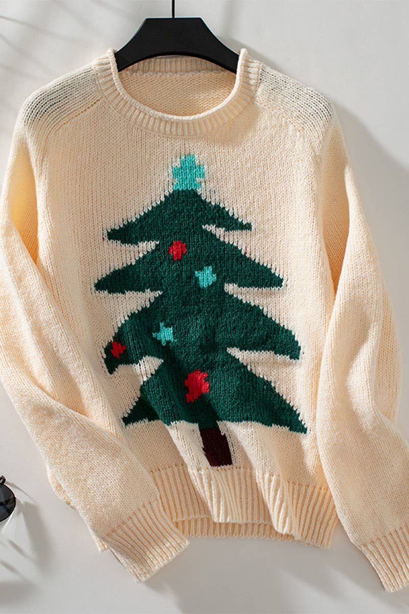CWOSWL2835_CHRISTMAS TREE PRINT PULLOVER SWEATER