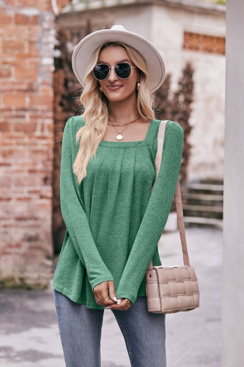 CWTBLL2738_SQUARE-NECK PLEATED LONG-SLEEVED TOP