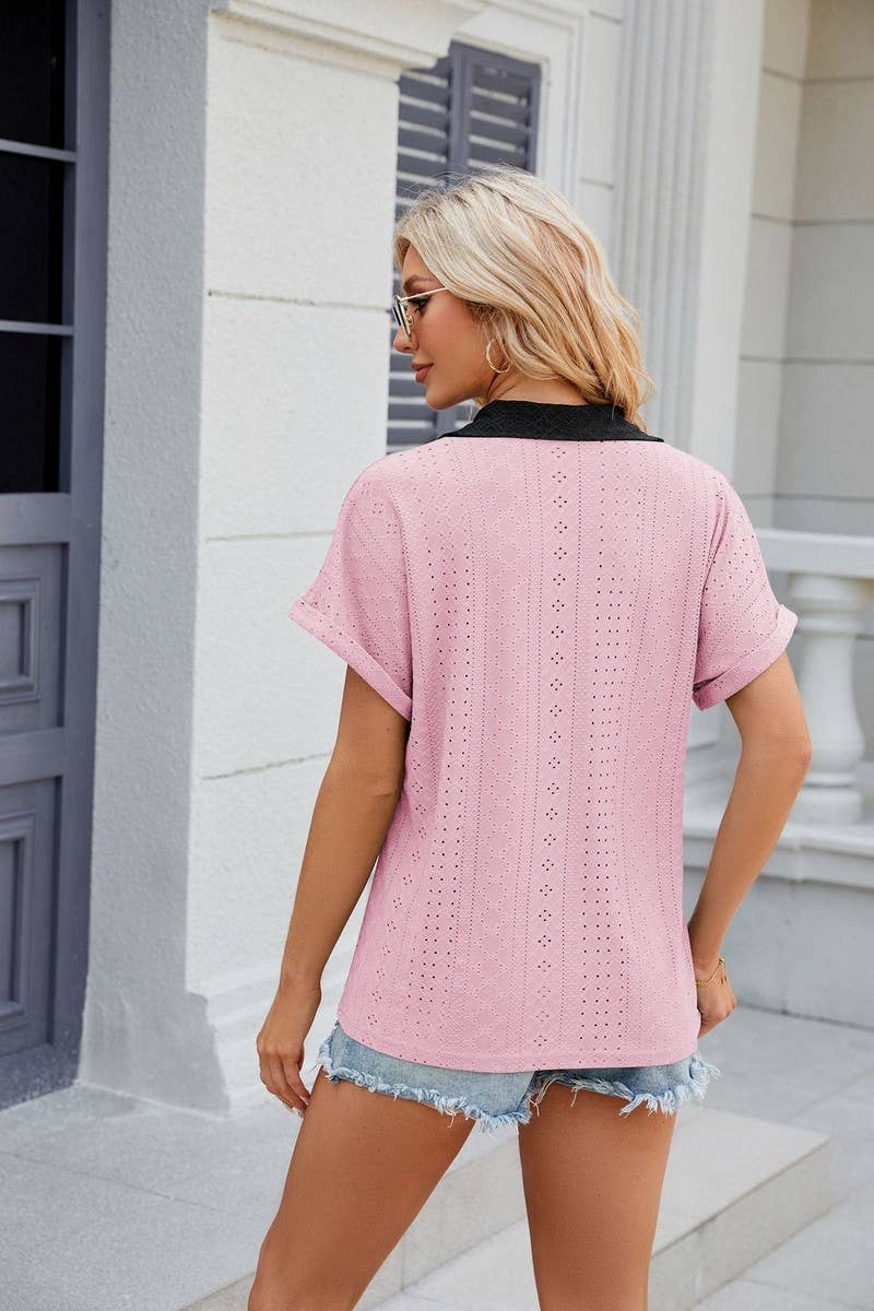 CWTTS0832_V-Neck Short Sleeve Knit Top