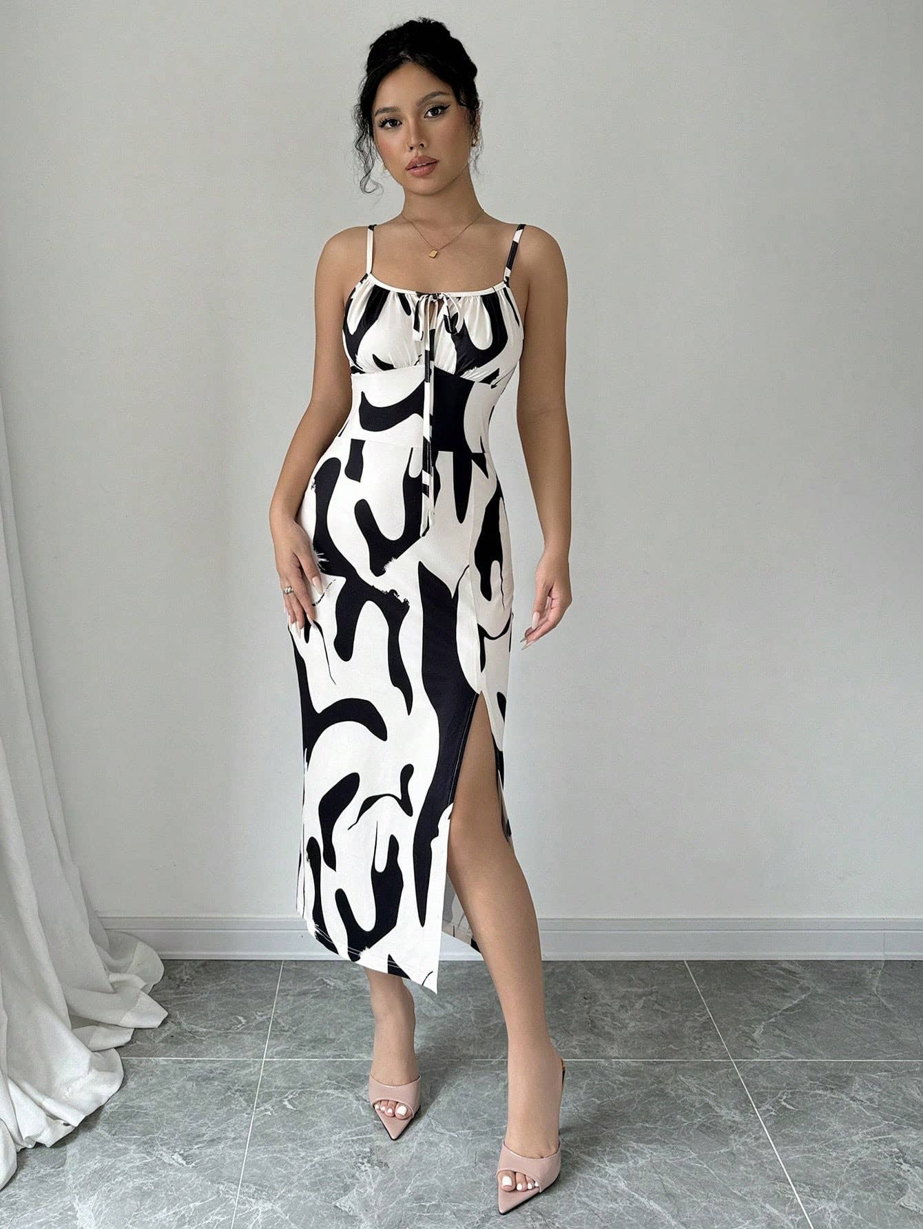 Chic Cow Print Sleeveless Midi Dress with Straps