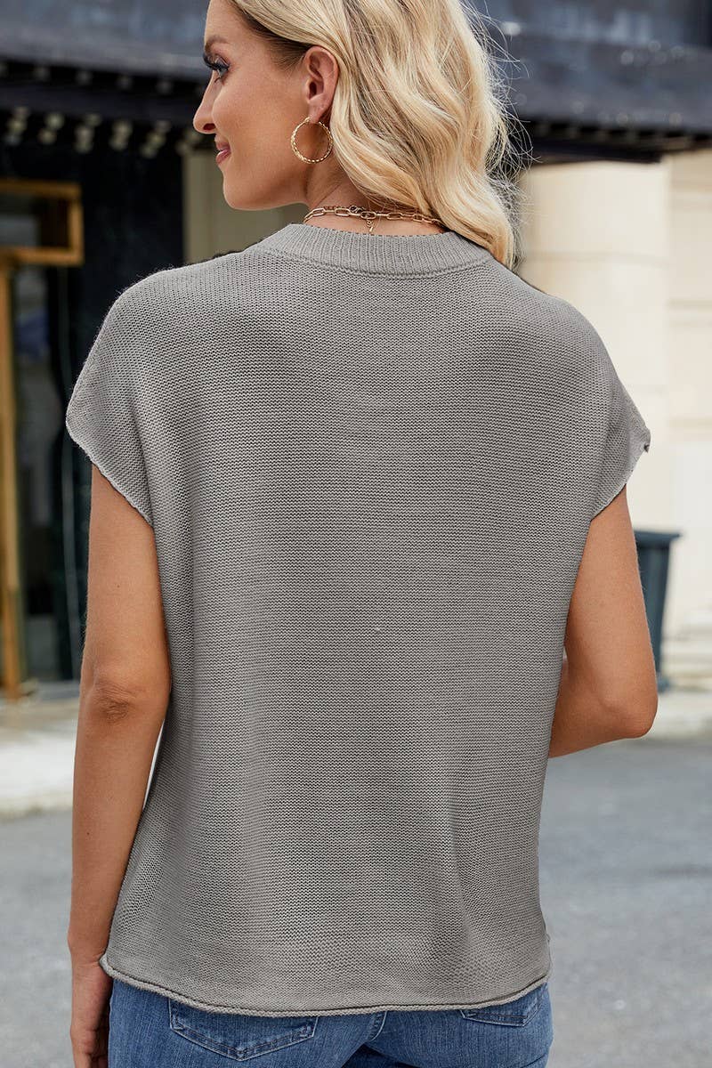 CWTBLS02492_CREW NECK SHORT-SLEEVED KNITTED VEST PULLOVER