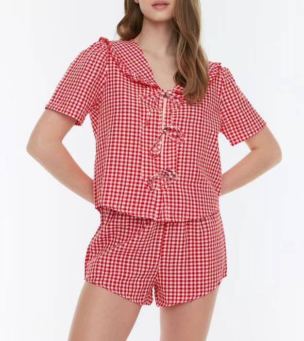 Checkered large collar tie short-sleeved set