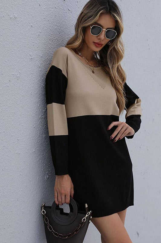 CWDSD7051_ROUND NECK LOOSE KNITTED PATCHWORK SWEATER DRESS