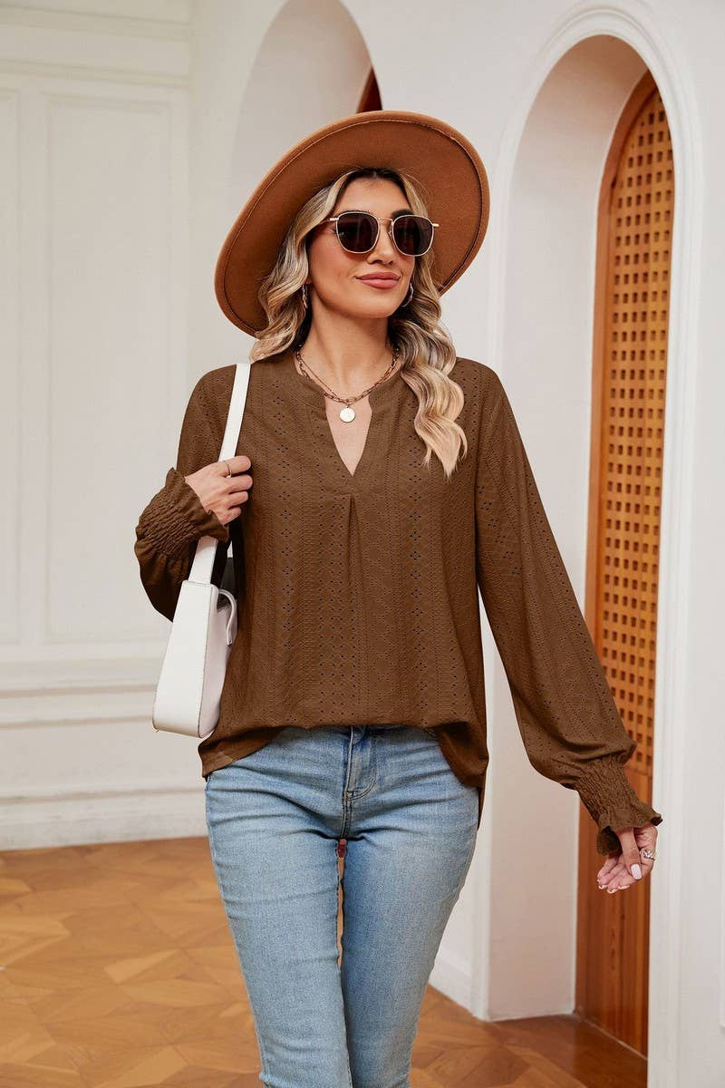 CWTBLL2377_SOLID COLOR V-NECK LOOSE LONG-SLEEVED PULLOVER