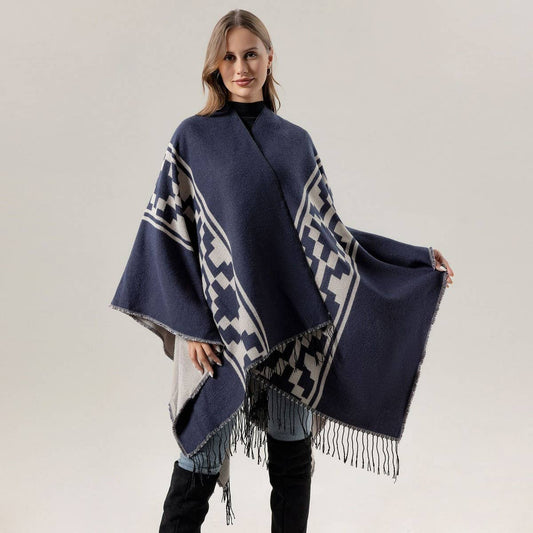 WARM OUTER WEAR THICKENED TASSEL SLIT CAPE