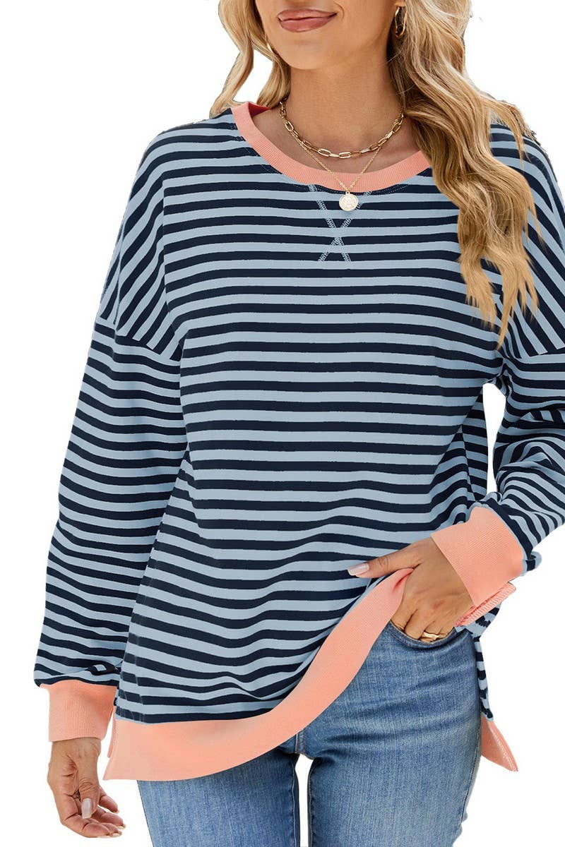 CWTBLL3746_CONTRAST COLOR SLIT LOOSE STRIPED SWEATSHIRT