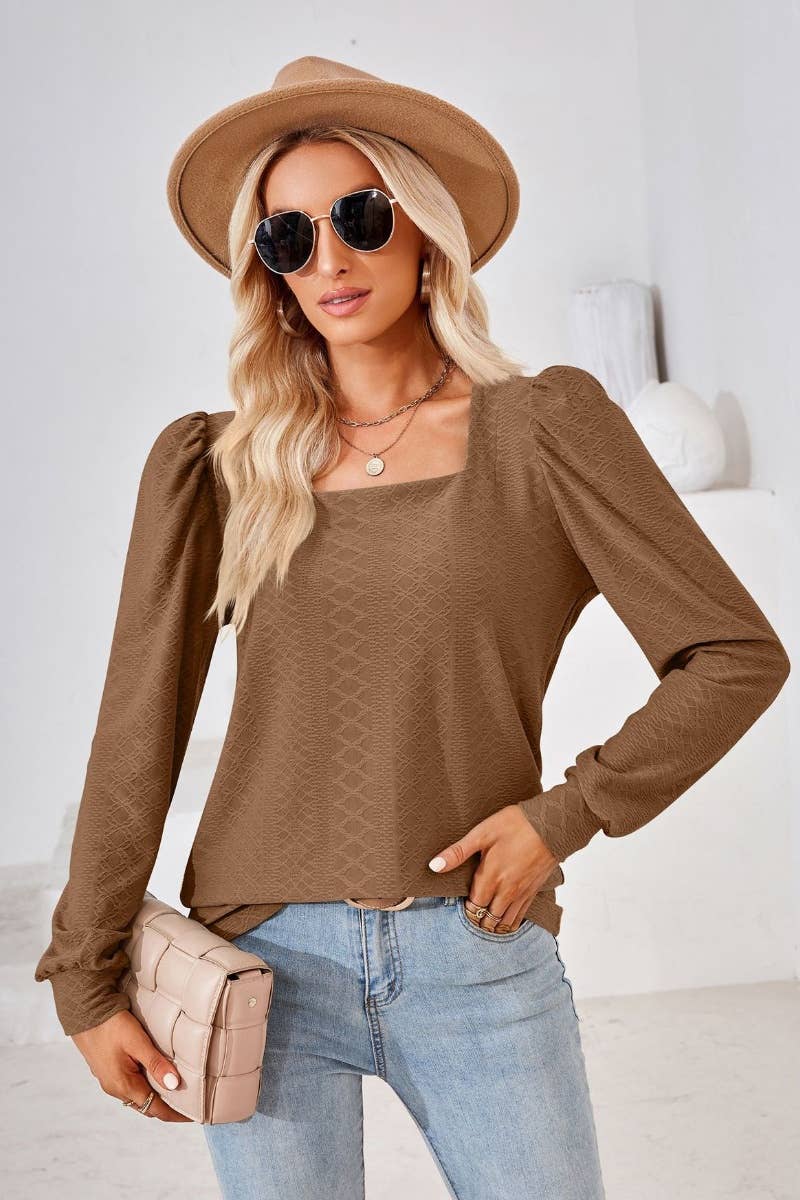 CWTBLL2798_AUTUMN SQUARE NECK JACQUARD LONG-SLEEVED TOP