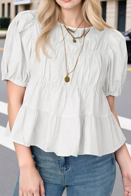 CWTBLS02490_2025 SUMMER PUFF SLEEVE LOOSE A-LINE BLOUSE