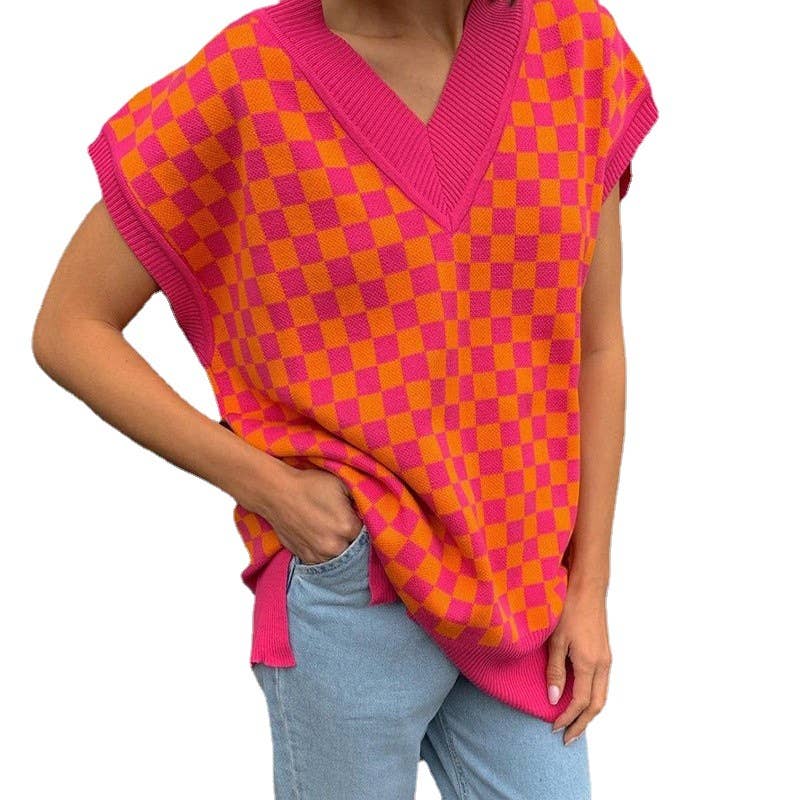 COLOR CONTRAST PLAID TEMPERAMENT V-NECK WOOL VEST