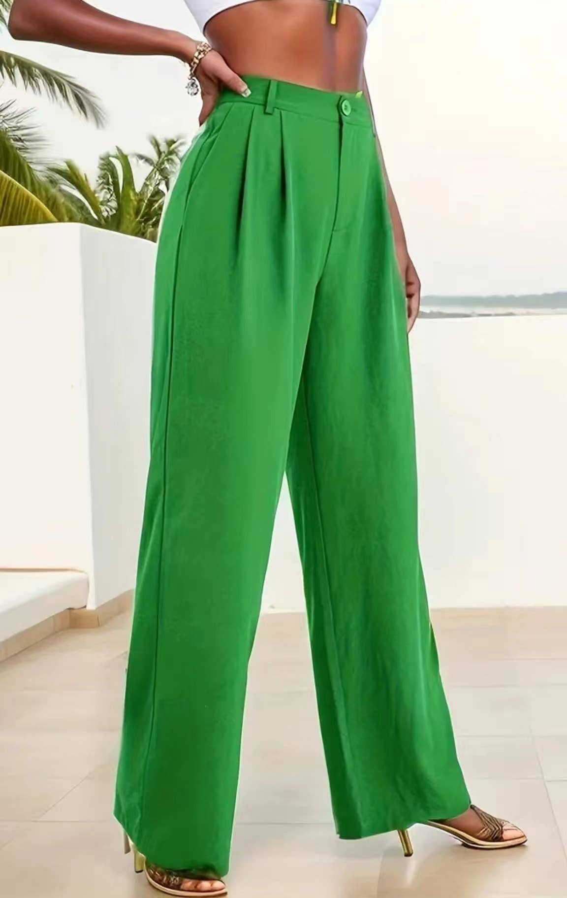 Elegant solid color belt straight pants