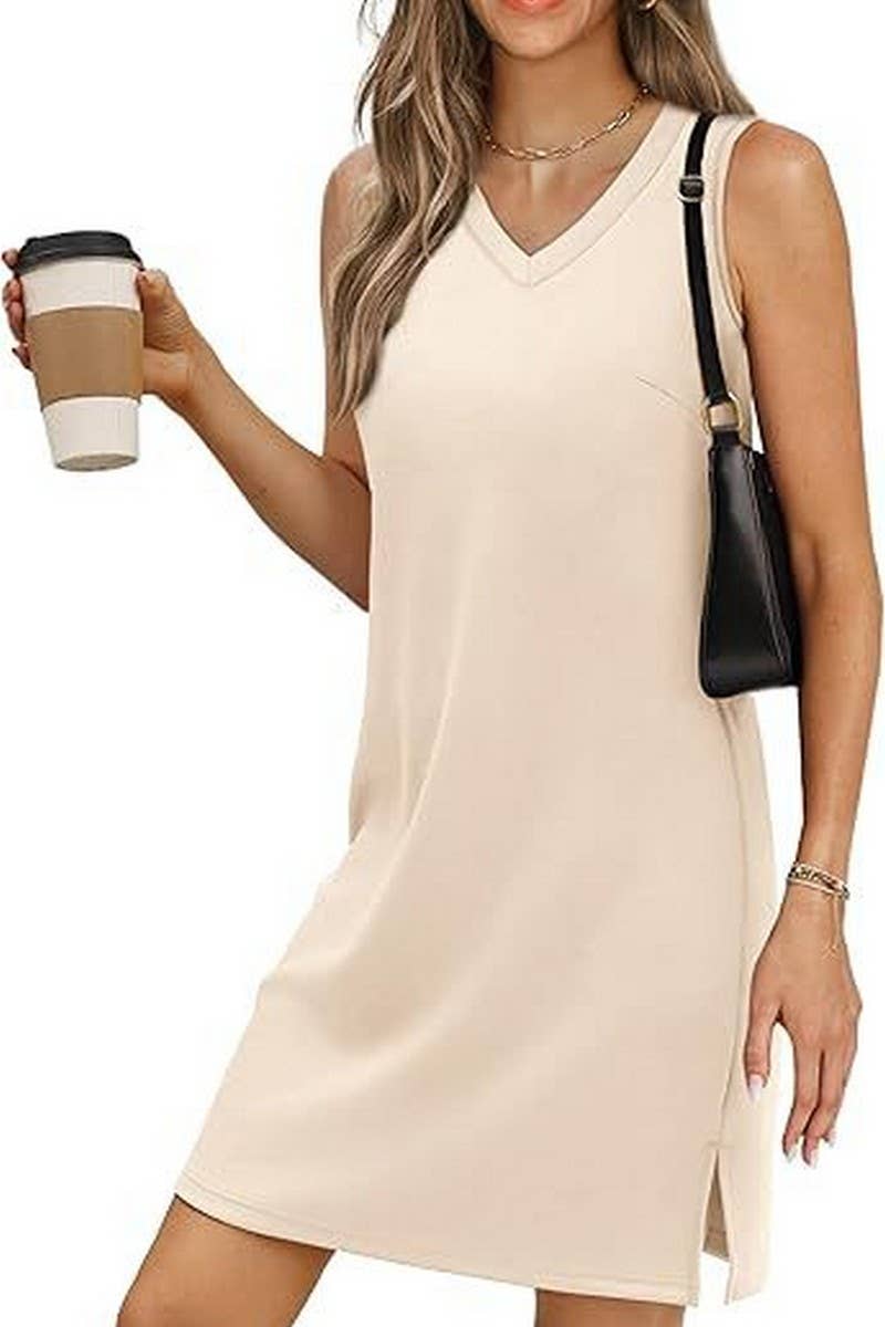 CWDSD8777_V-NECK SLEEVELESS BOTTOM SLIT SOLID COLOR VEST DRE