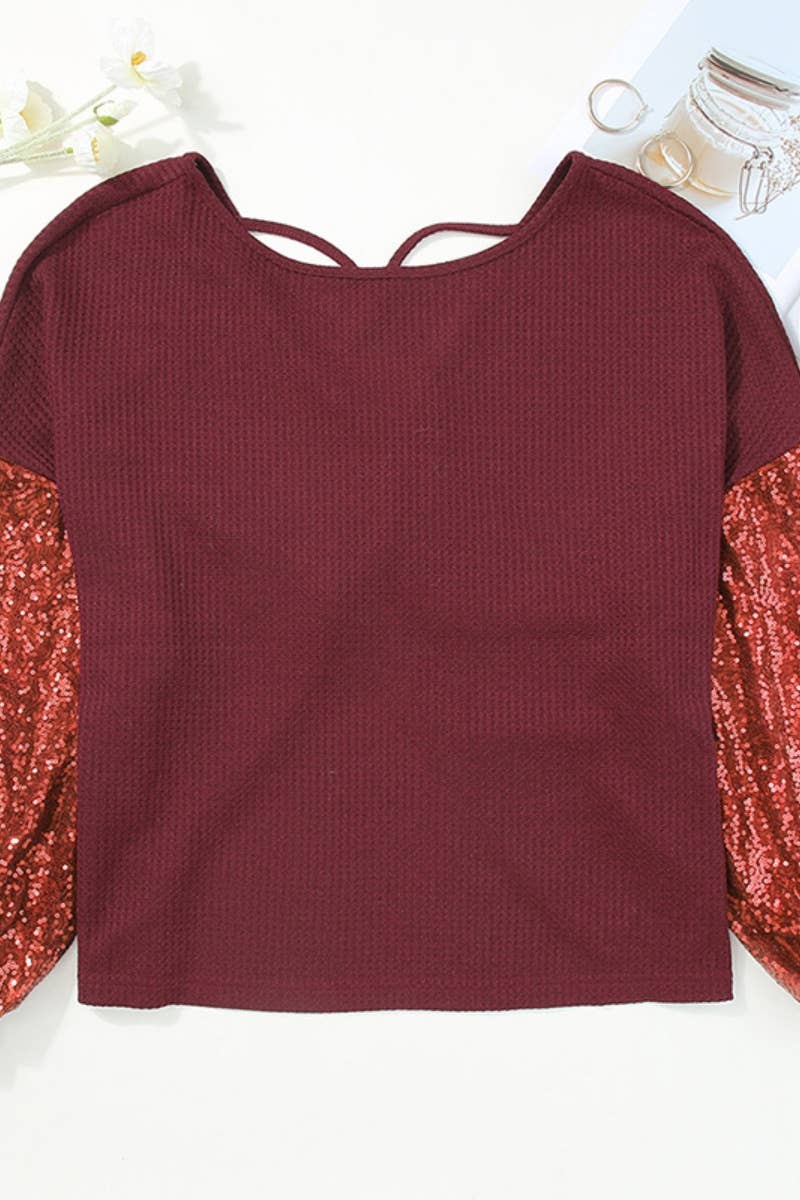 CWTBLL3052_FALL FASHION SEQUIN PATCHWORK LONG SLEEVE TOP