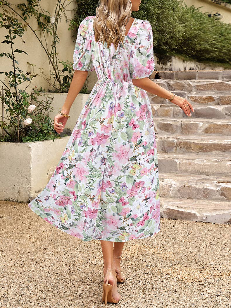 Floral Elegant Lantern Sleeve Dress