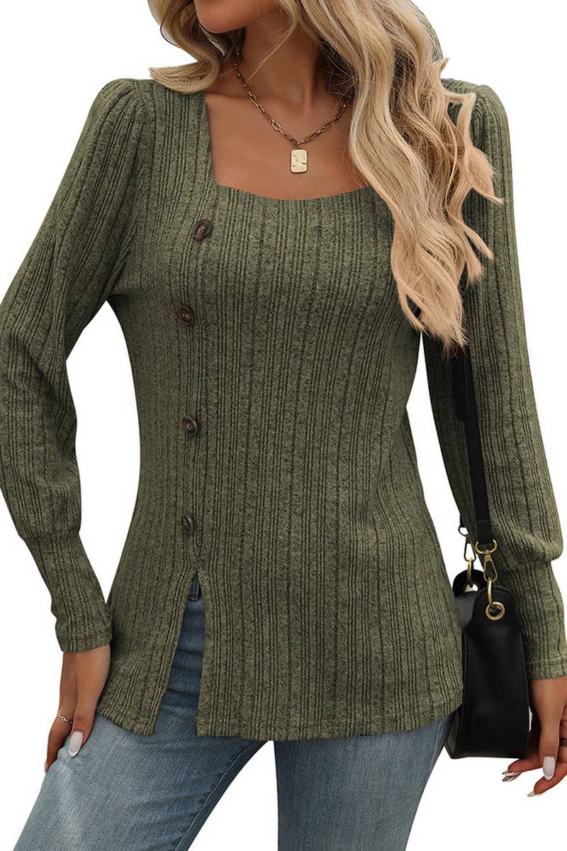 CWOSWL6829_SQUARE NECK BRUSHED SOLID COLOR LONG SLEEVE TOP