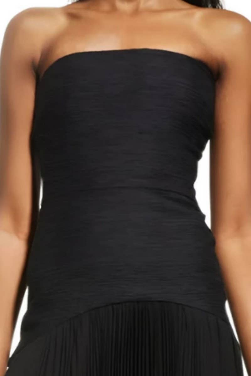 CWDMD6029_SOLID CASUAL RIBBED PLEATED STRAPLESS DRESS