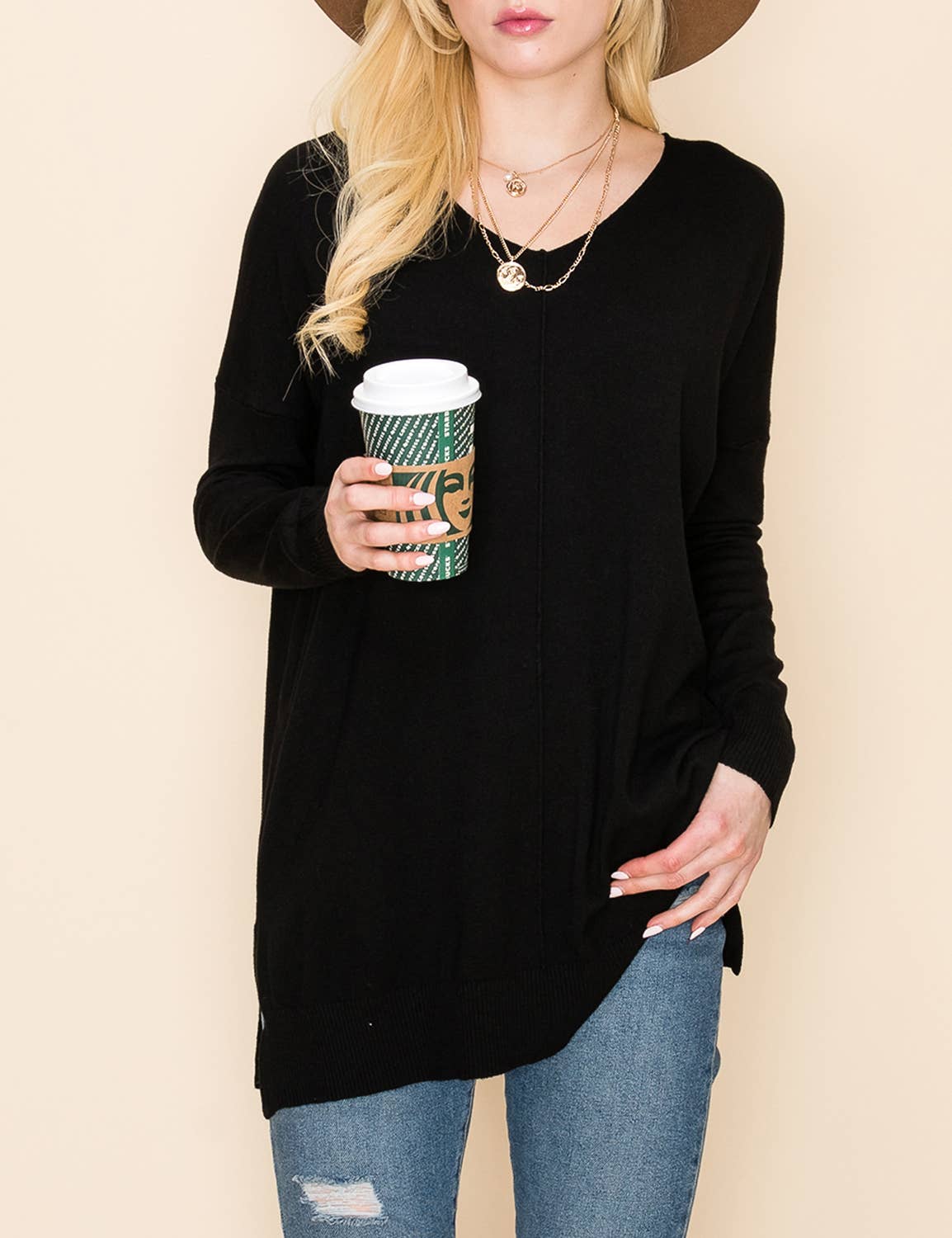 CWOSWL1826_V NECK LOOSE FIT TUNIC LENGTH SOFT SWEATER TOP