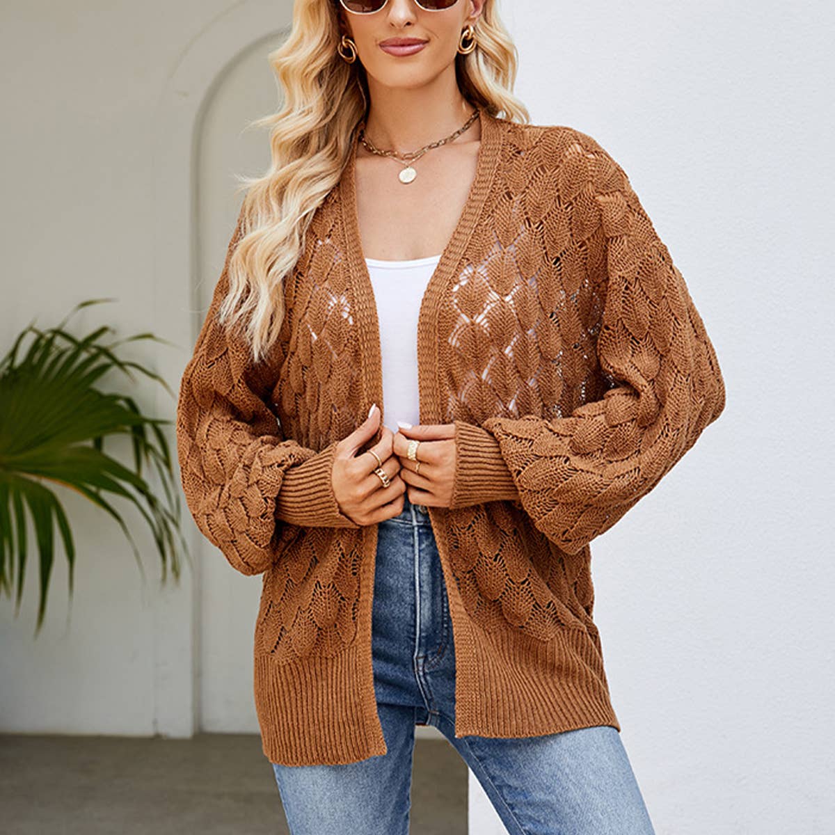 DESIGN SENSE HOLLOW KNIT SWEATER CARDIGAN