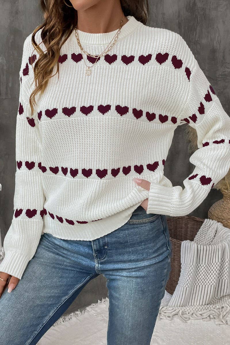 CWOSWL07116_CASUAL PULLOVER LONG SLEEVE HEART KNIT SWEATER