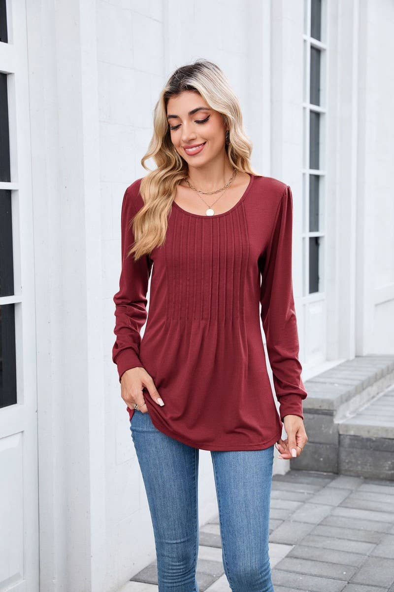 CWTBLL01305_CREW NECK SOLID RIBBED LONG SLEEVE CASUAL TEE