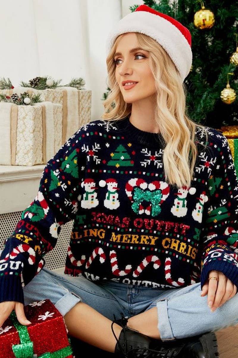 CWOSWL2431_CHRISTMAS TREE SNOWMAN SEQUINED CHRISTMAS SWEATER