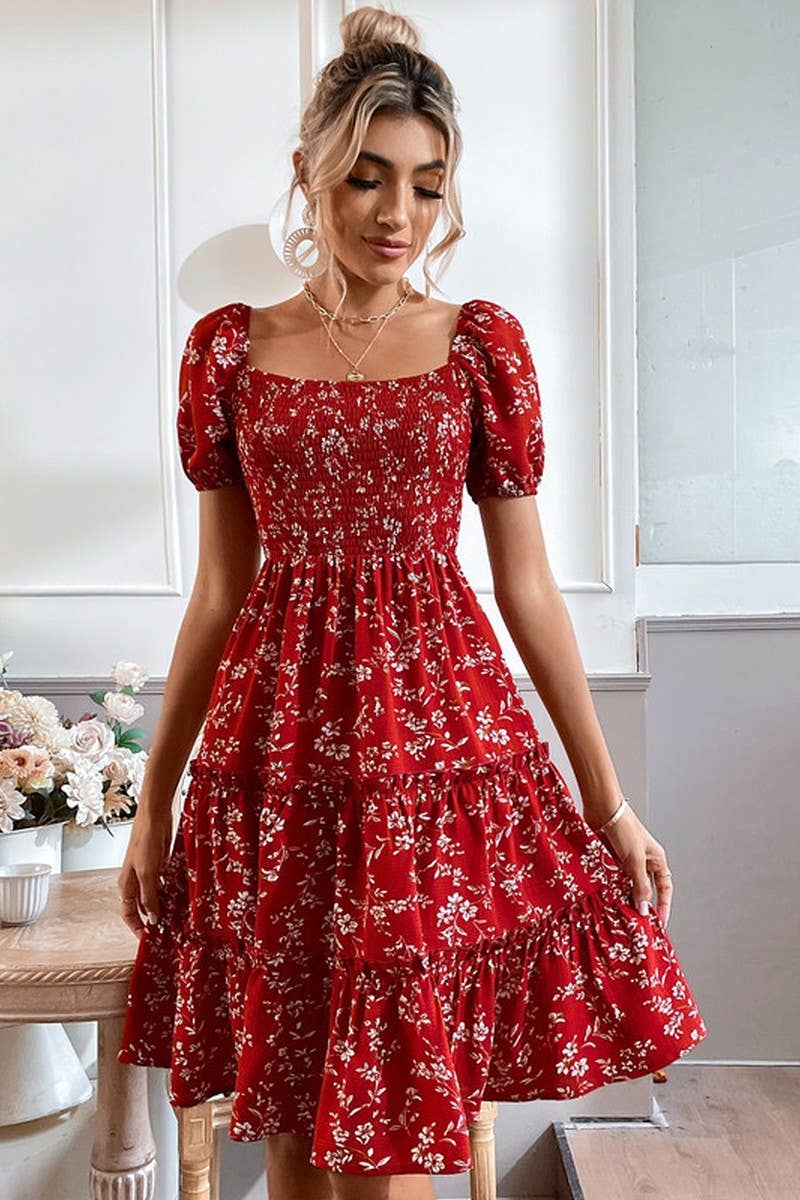 CWDSD8226_TEMPERAMENT PRINTED WAIST SHORT-SLEEVED DRESS