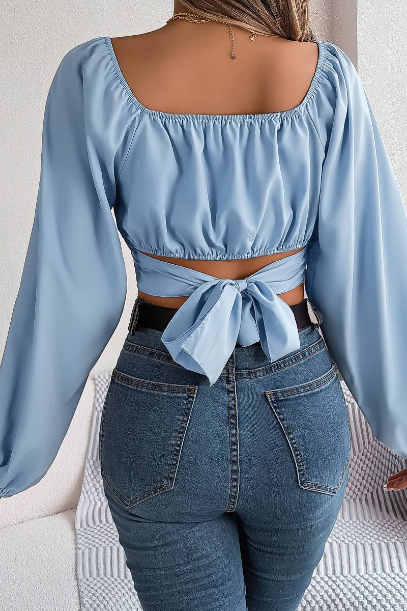 CWTBLL0940_SUMMER LANTERN SLEEVE CHIFFON WAIST CROP TOP