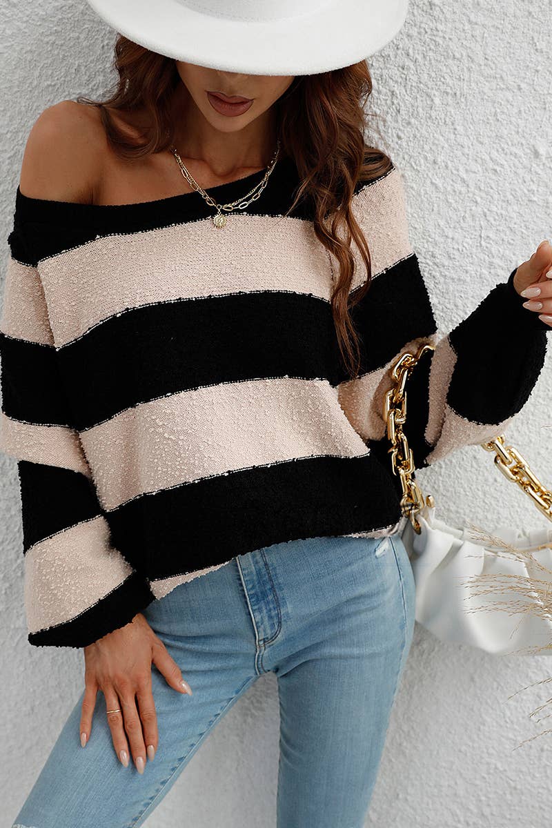 CWOSWL615 Off Shoulder Striped Neck Pullover Sweater