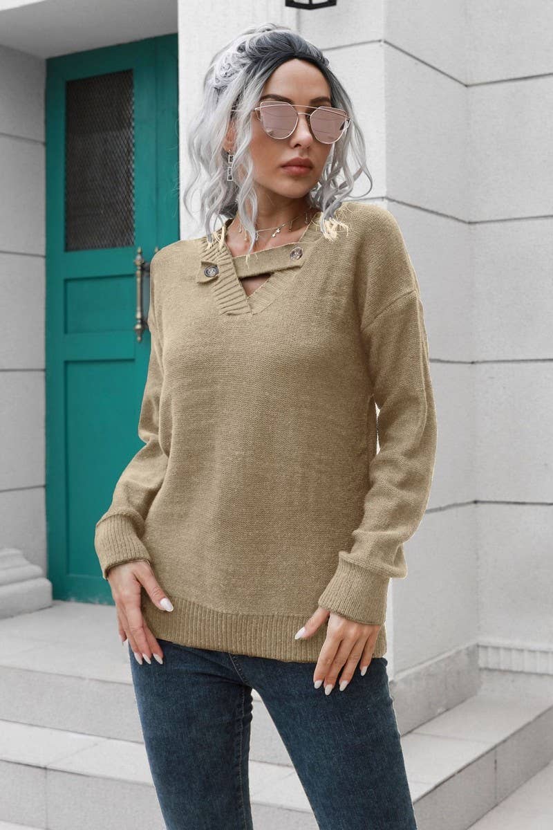 CWOSWL4149_V-NECK BUTTON LOOSE PULLOVER KNIT SWEATER