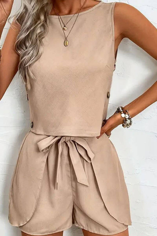 CWSS1123_LOTUS LEAF TIE BOW SOLID COLOR TWO-PIECE SET