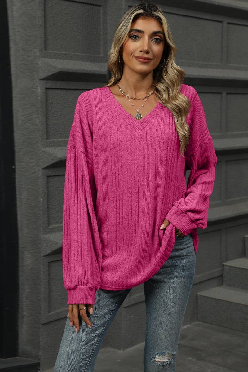 CWTBLL1868_SOLID COLOR V-NECK LOOSE RIBBED LONG-SLEEVED TOP