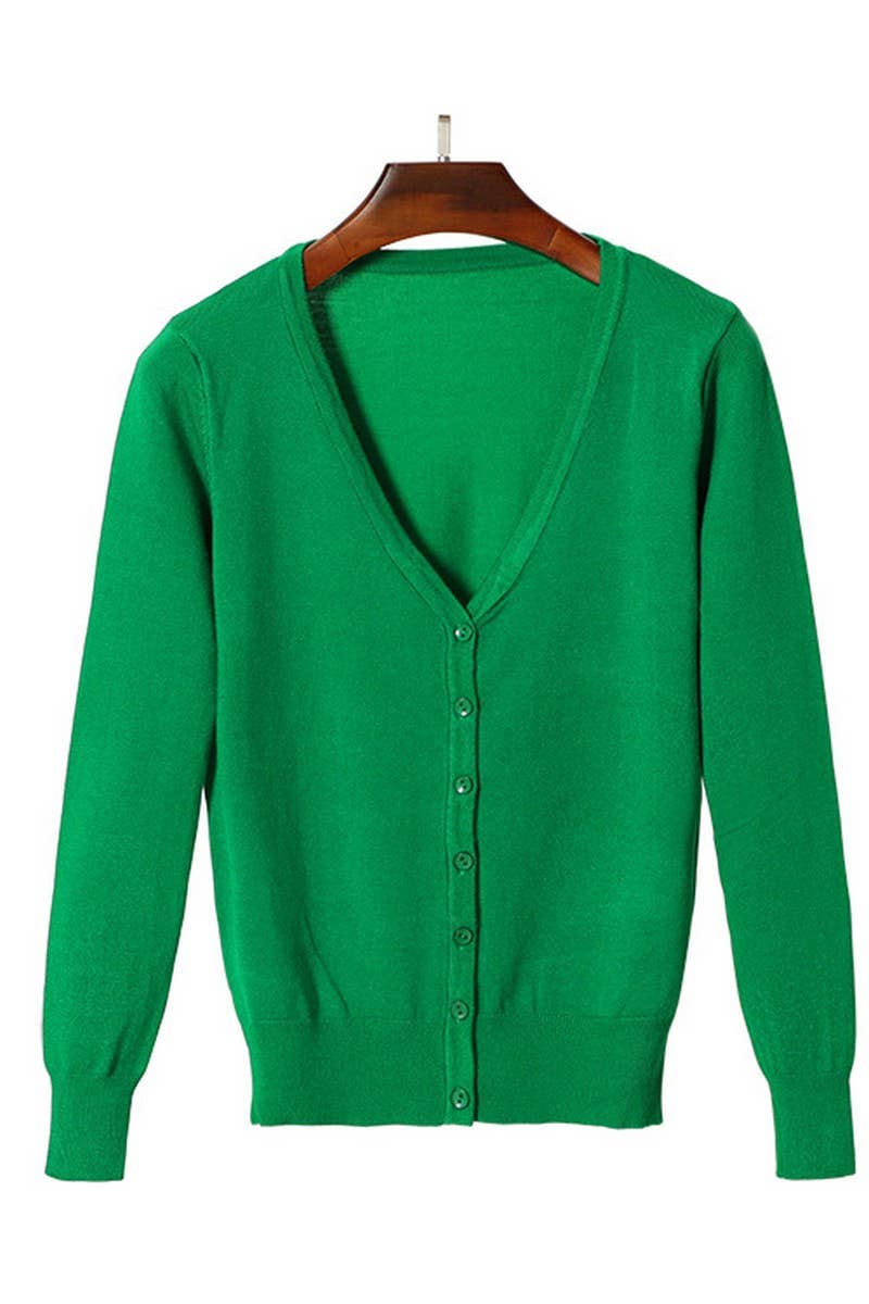 CWOCAL2074_V-NECK SOLID COLOR LONG-SLEEVED KNITTED CARDIGAN