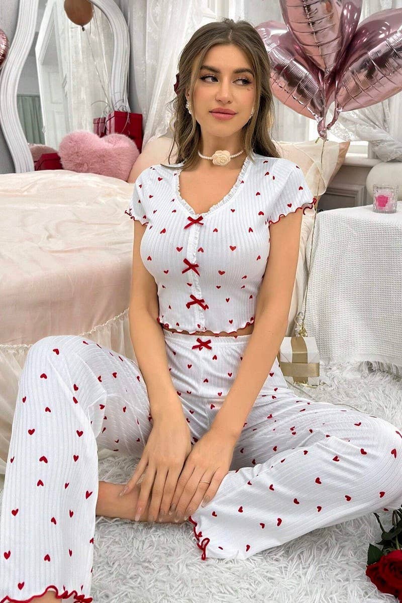 CWSPJ00470_HEART PRINT V NECK SHORT SLEEVE PAJAMA SET