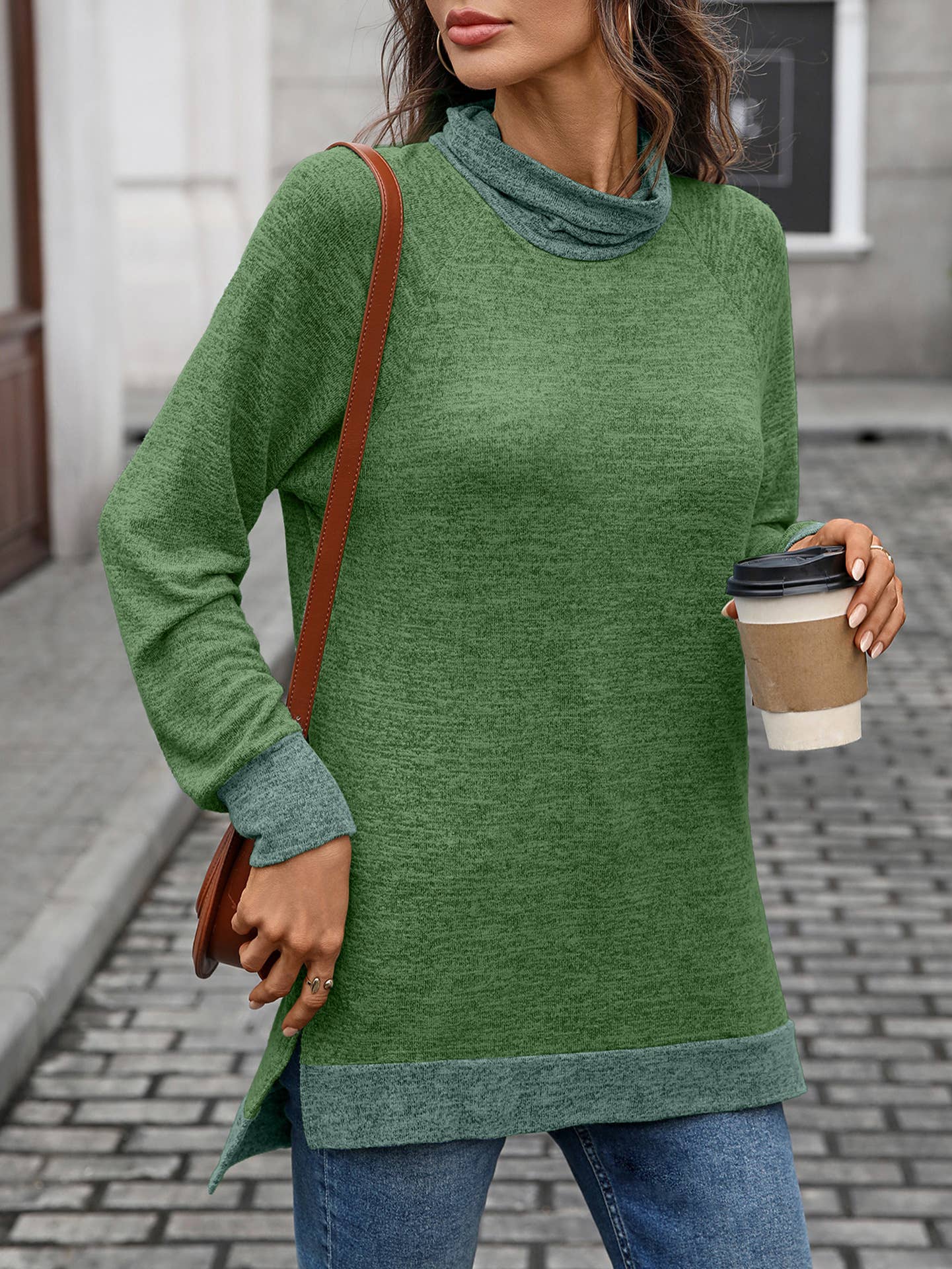 Color-blocking high-neck loose long-sleeved Top