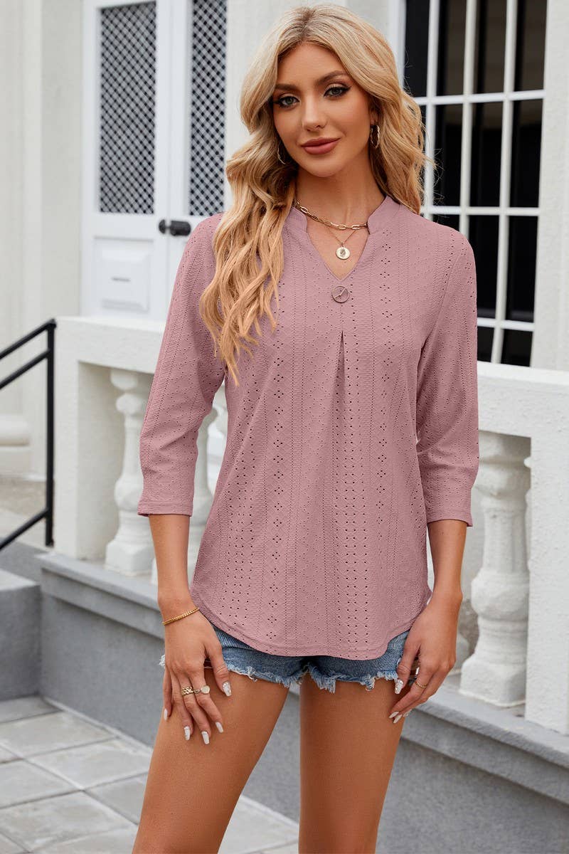 CWTBLL1872_SOLID COLOR V-NECK THREE-QUARTER SLEEVE LOOSE TOP