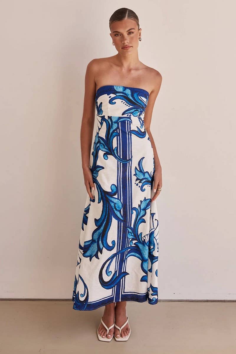 CWDTD0442_STRAPLESS FLORAL PRINT FITTED MAXI DRESS