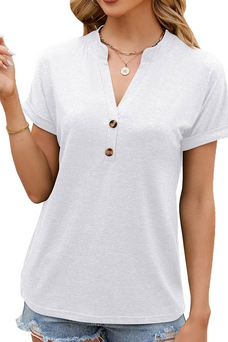 CWTBLS0866_V-NECK SOLID COLOR BUTTON-DOWN SHORT-SLEEVED TOP
