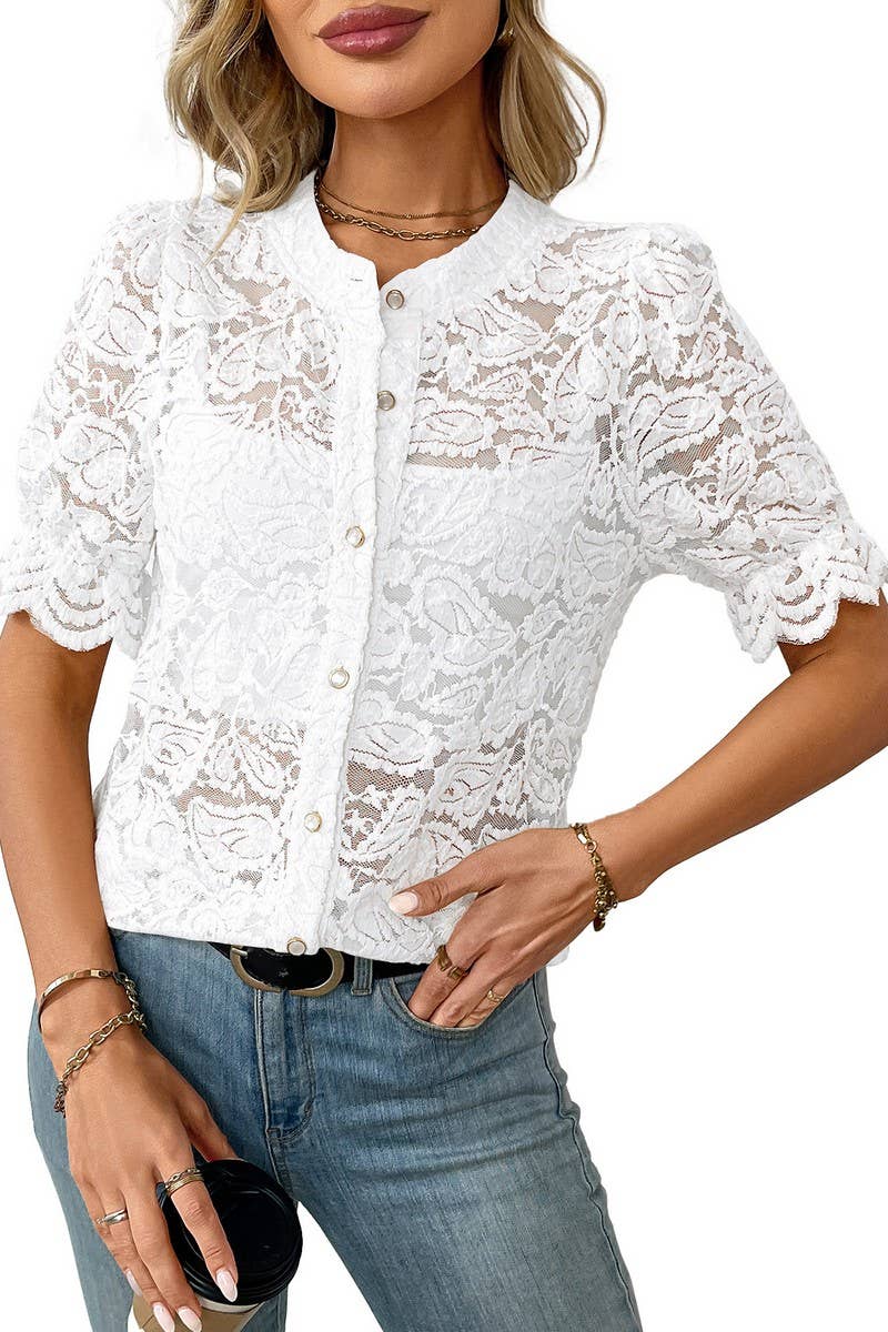 CWTBLS1621_SHORT SLEEVE CASUAL BUTTON LACE SHIRT
