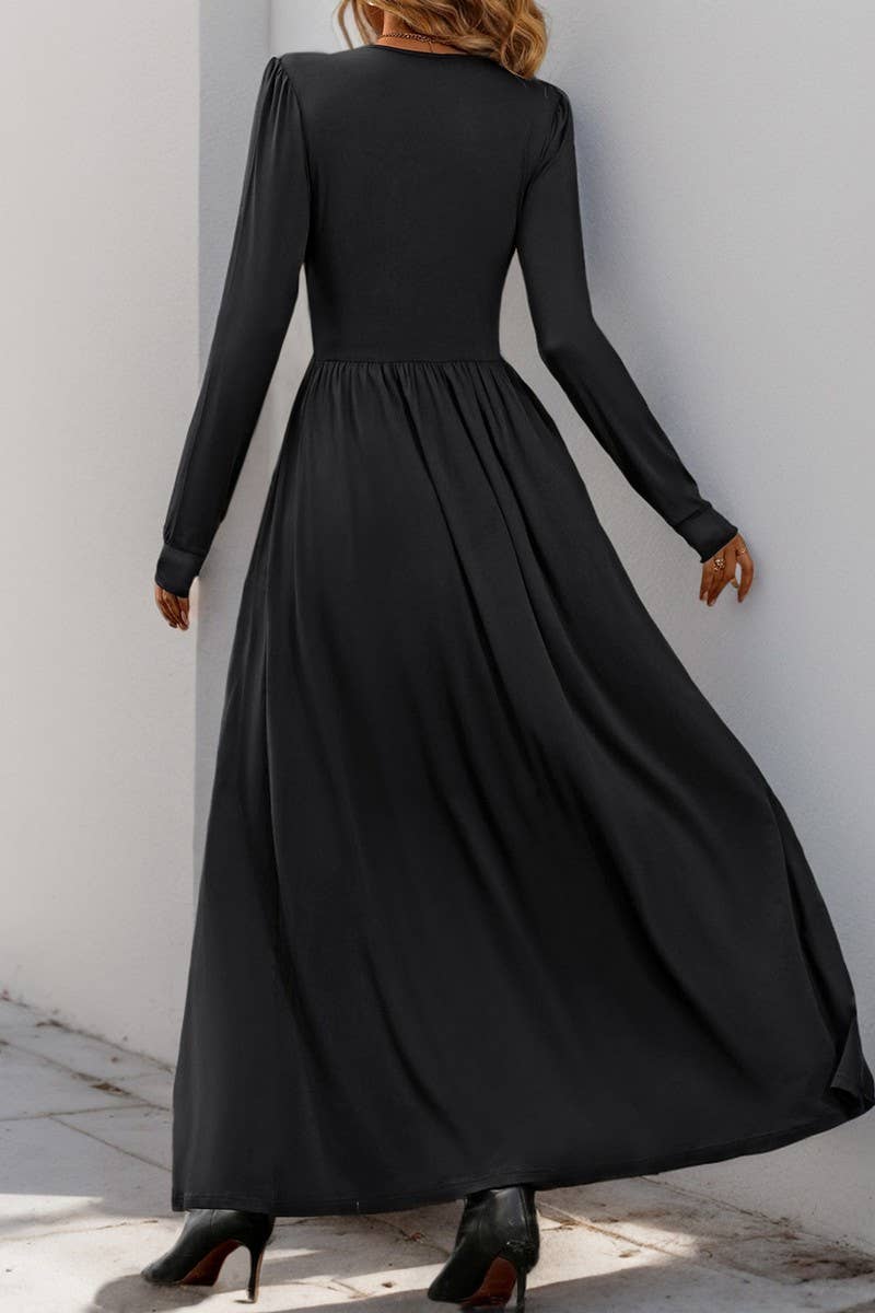 CWDMD3564_V-NECK SOLID COLOR SLIT SLIM MAXI DRESS