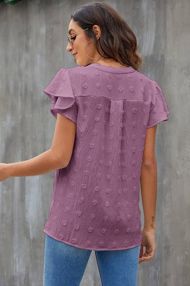 CWTBLS0606_V-NECK RUFFLED SLEEVE CHIFFON SHORT-SLEEVED TOP