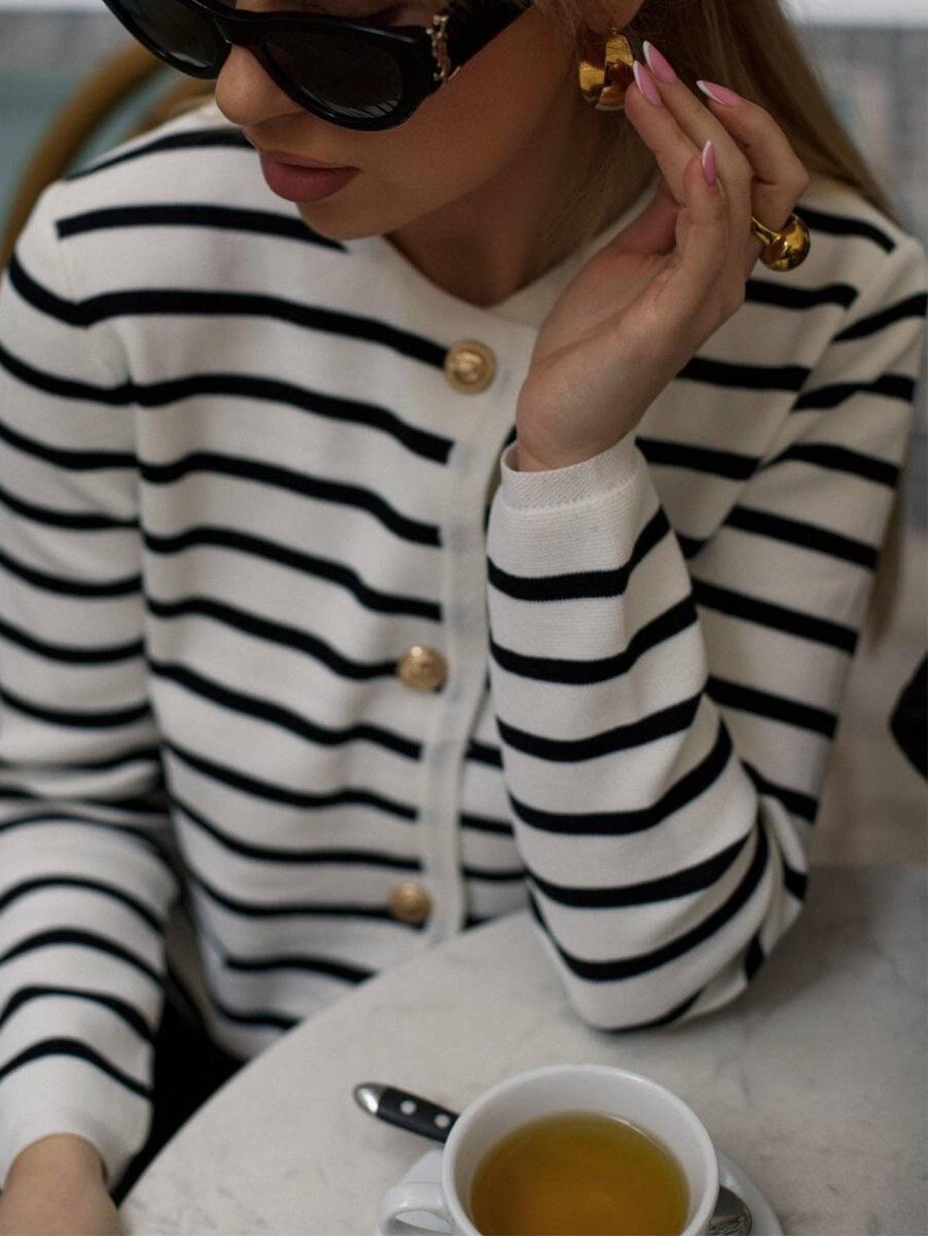 BLACK AND WHITE STRIPED SOFT WAXY CARDIGAN COAT