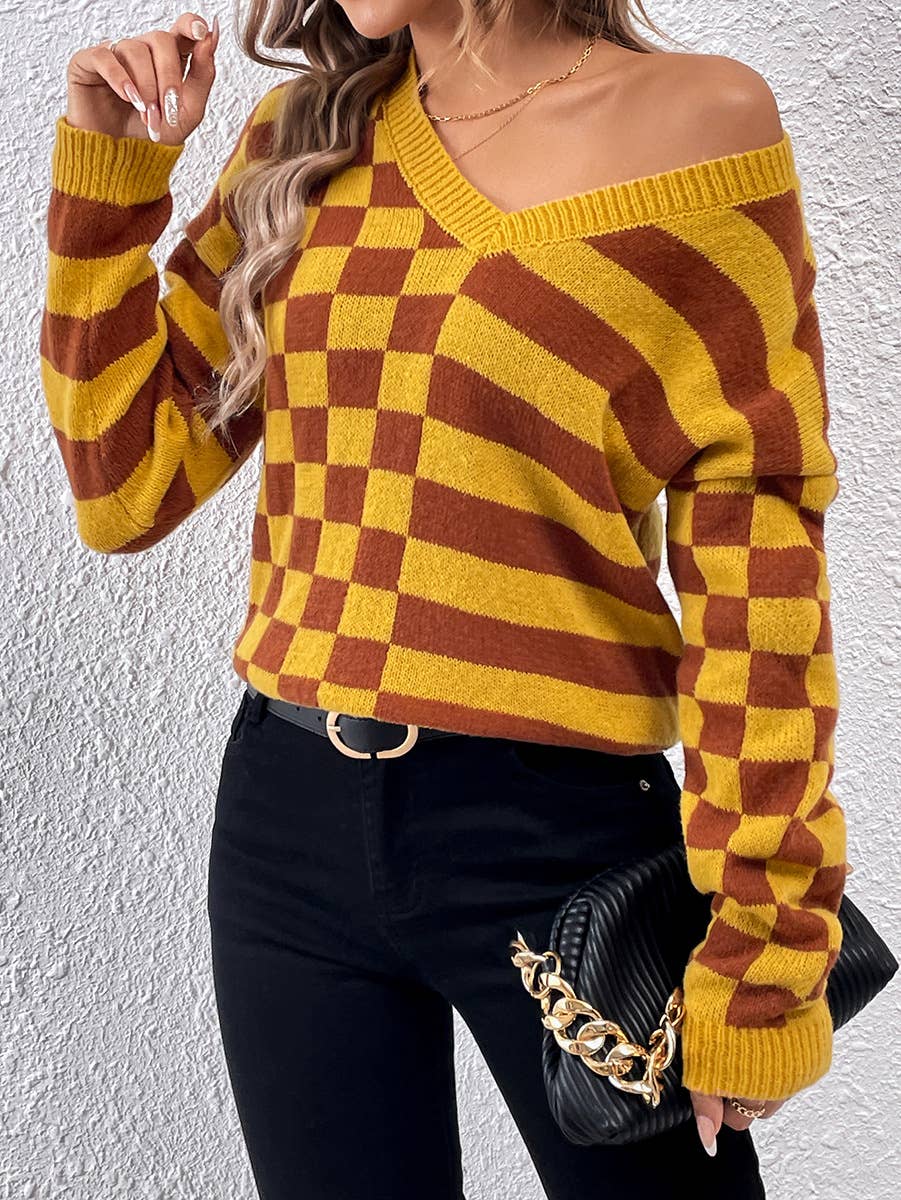 DESIGN SENSE V-NECK SIMPLE STRIPED CHECK SWEATER