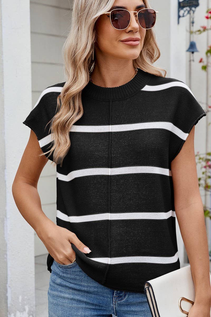 CWTBLS02499_STRIPED CREW NECK SLEEVELESS KNIT TANK