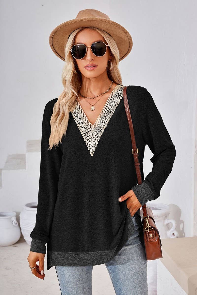 CWTBLL3660_AUTUMN NEW V-NECK LACE SOLID COLOR LOOSE T-SHIRT