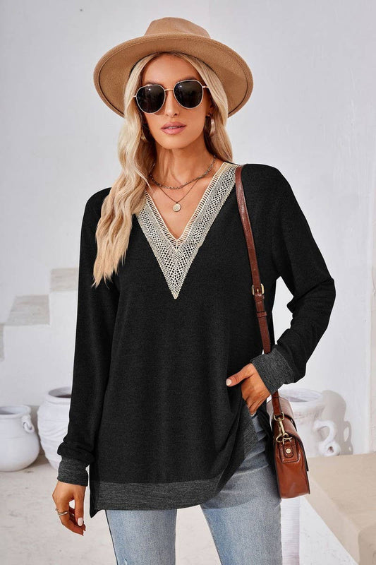 CWTBLL3660_AUTUMN NEW V-NECK LACE SOLID COLOR LOOSE T-SHIRT